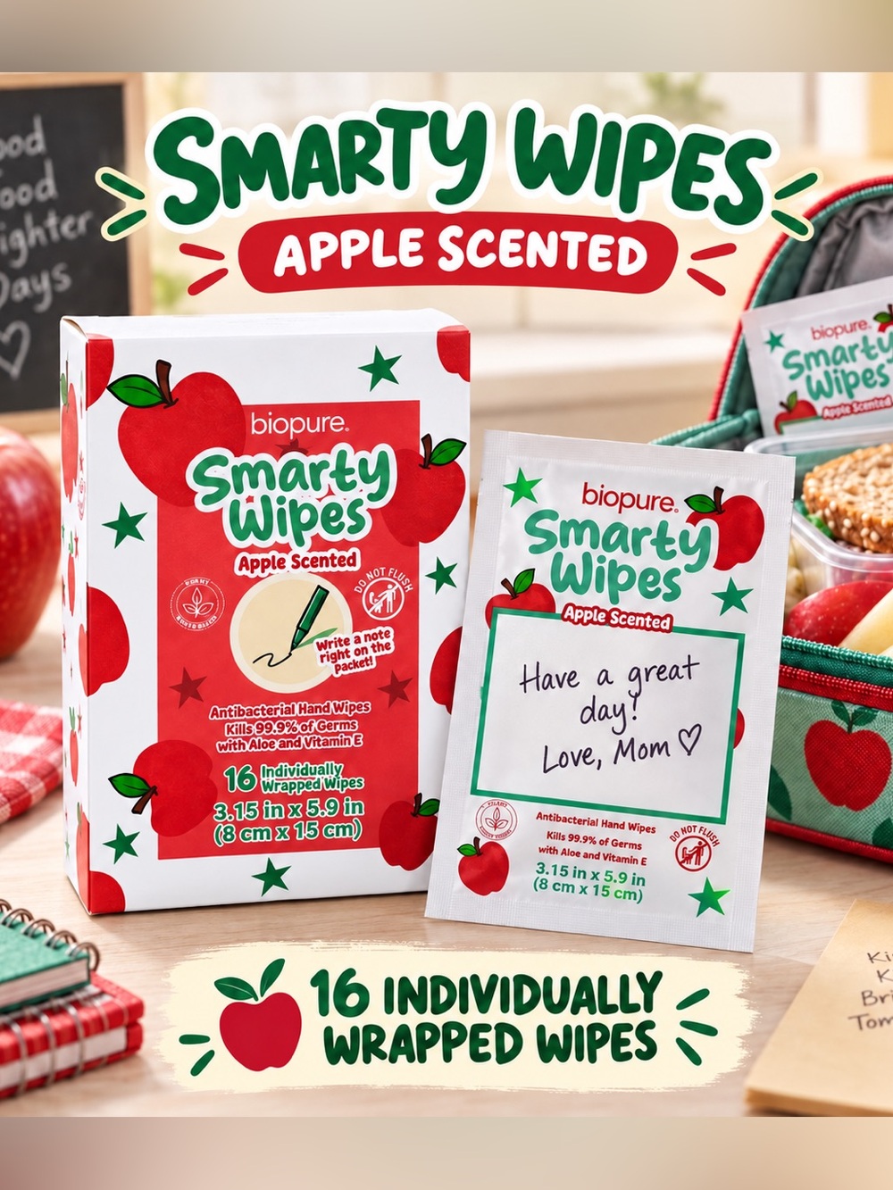 Smarty Wipes Apple Scented Antibacterial Hand Wipes 16 pack